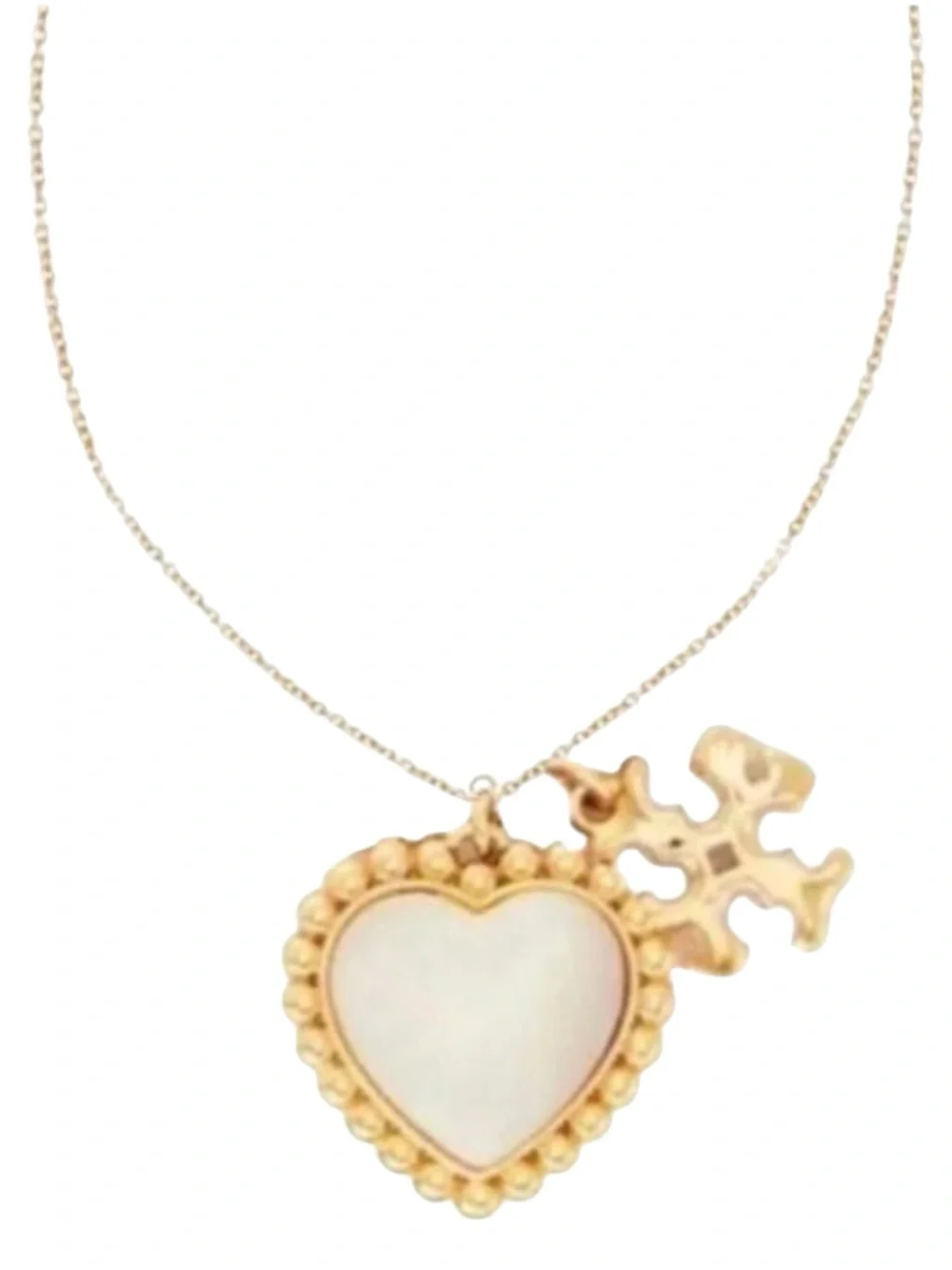 Tory Burch Mother Of Pearl Heart And Gold Logo Pendant Necklace